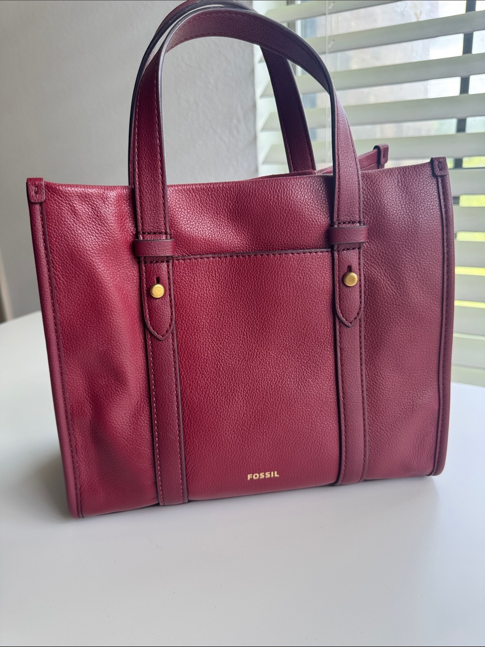 Fossil Burgundy Pebbled Leather Tote with Gold Hardware